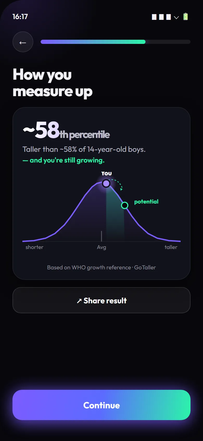GoTaller percentile screen with a bell curve showing how your height compares for your age