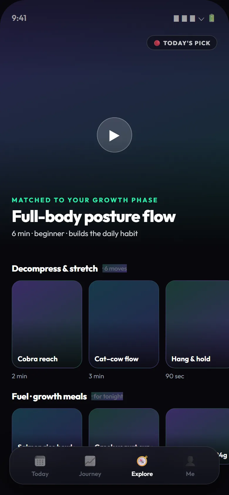 GoTaller Explore screen with exercise video rails and recipes