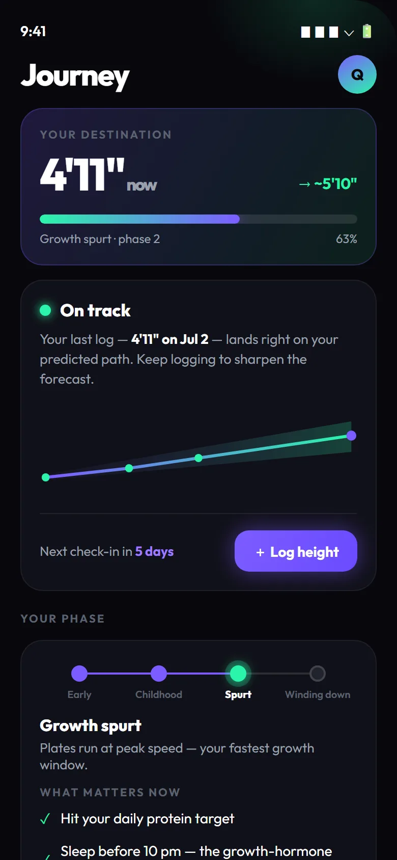 GoTaller Journey screen with a height log and progress timeline