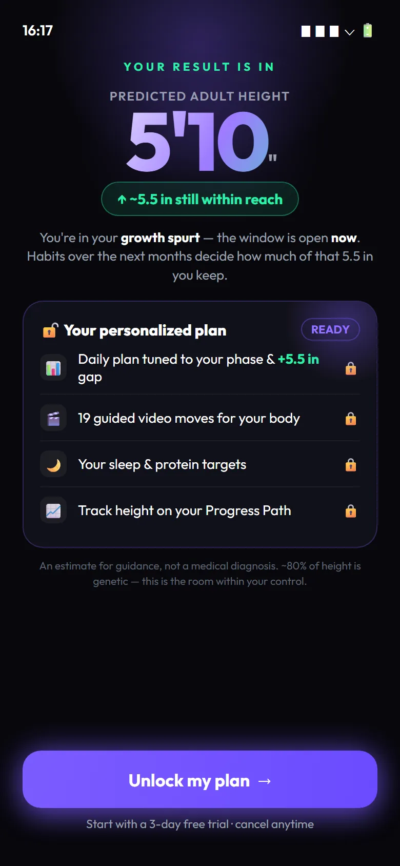 GoTaller app showing a predicted adult height of 5 foot 10 with a personalized plan