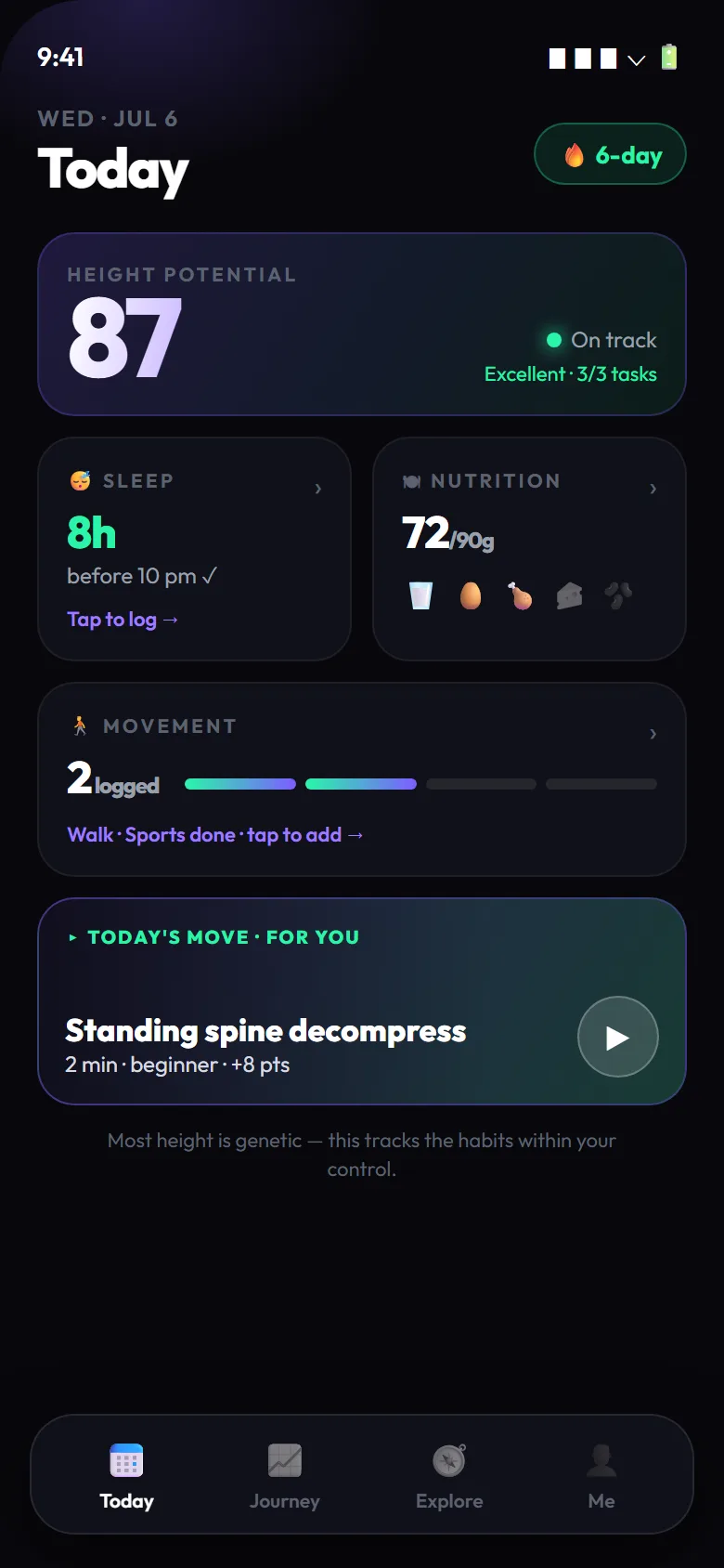 GoTaller Today screen with daily habit check-ins and a progress ring